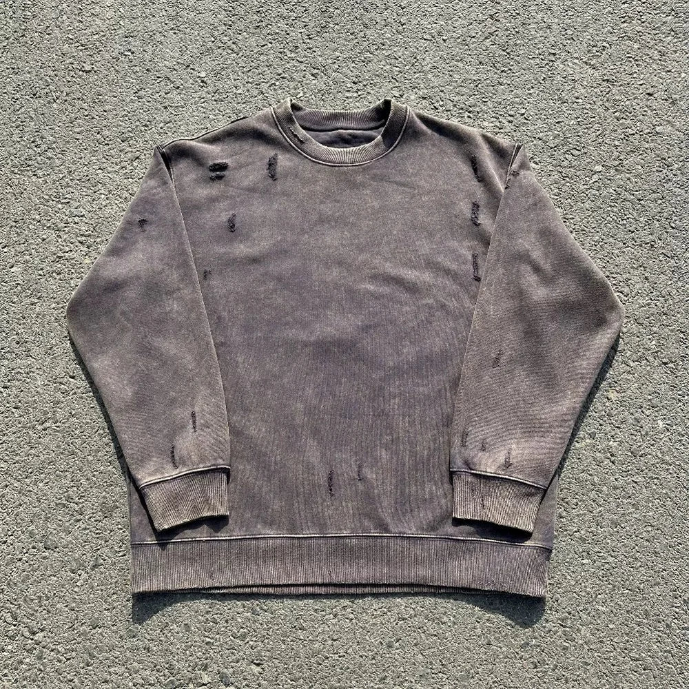Vintage Punk Pullover Hoodie Ripped Hole Pure Cotton Washed Retro Sweatshirt
