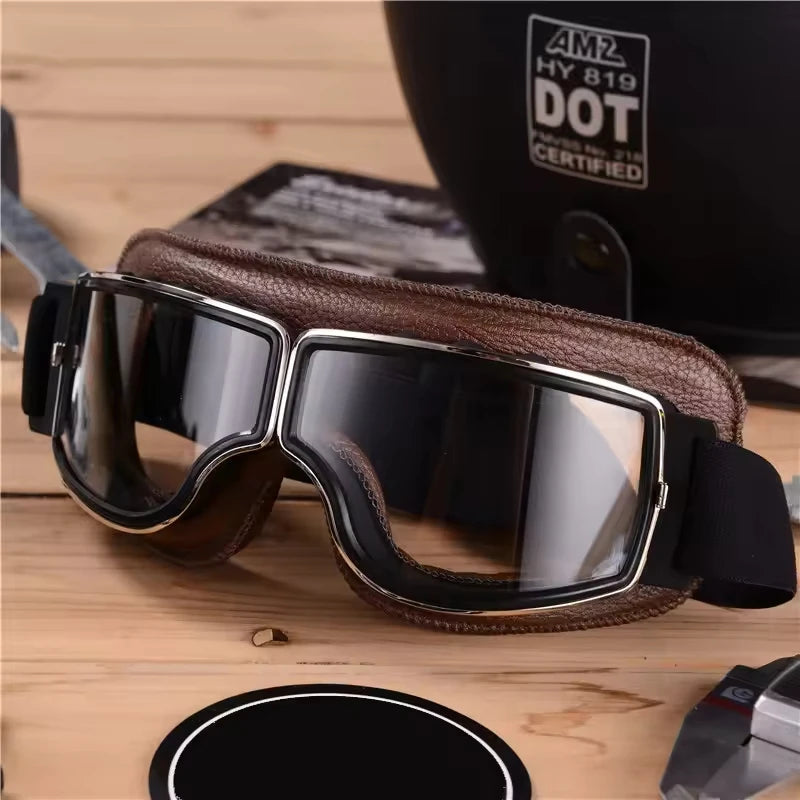 Windproof Retro Motorcycle Glasses - Universal Leather Sunglasses