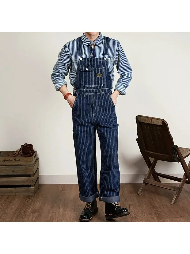 American Vintage Raw Wabash Blue Denim Jumpsuits for Men - Vertical Striped Wide Leg Loose Straight Overalls Pants Jeans Workwear