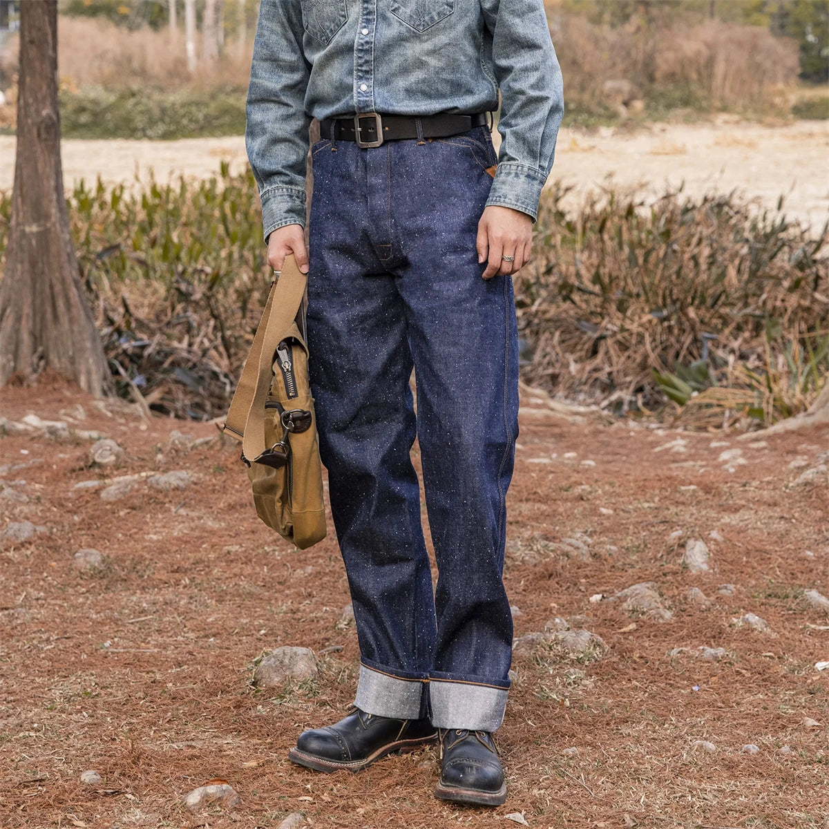 3-Pocket Leather Bound Overalls 14oz Neppy Denim Selvedge Jeans