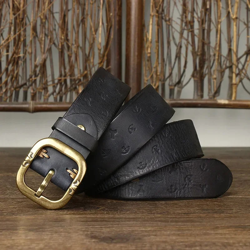 3.8cm Pure Cowhide Leather Belt For Men Embossed Copper Buckle