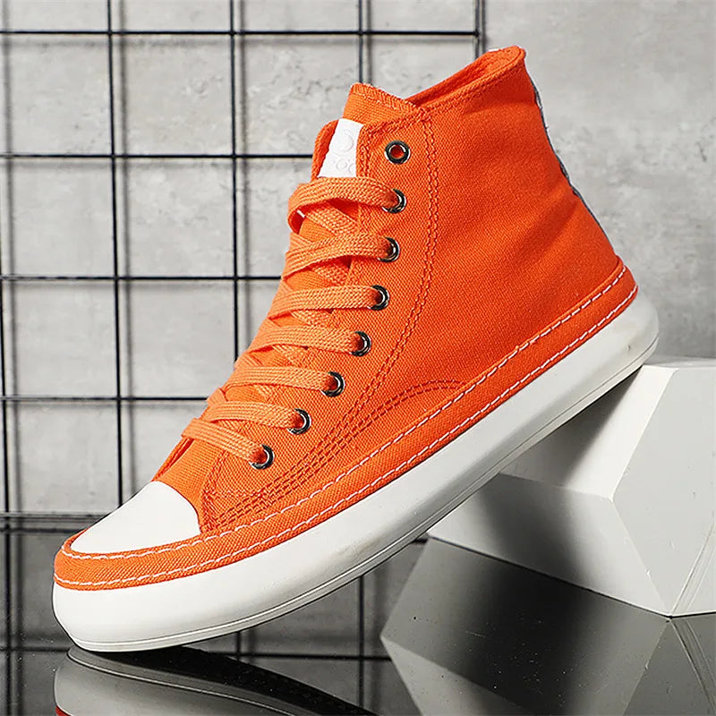 Classic Yellow High Top Sneakers for Men - Comfortable Lace-up Canvas Shoes - Flat Casual Vulcanized Shoes