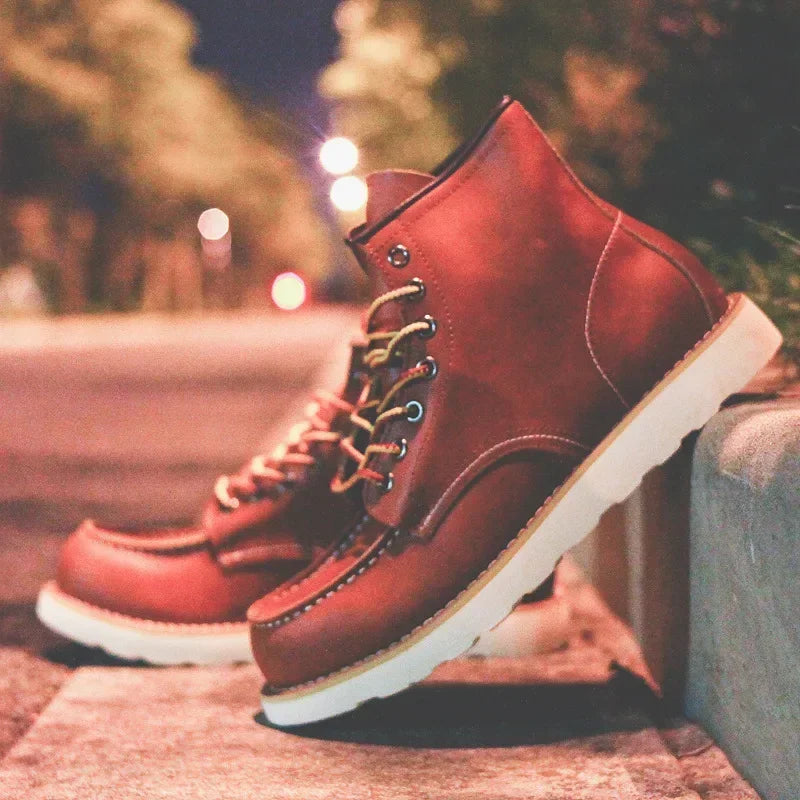 Genuine Leather Men's Vintage Tooling Short Boots - Rhubarb High Top Leather Shoes