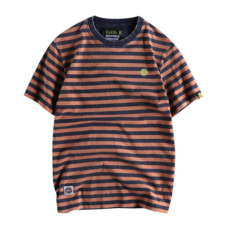 Japanese Retro Striped Cotton T Shirt For Men Slim Fit Round Neck Casual