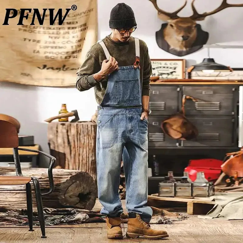 Men's Denim Overalls With Adjustable Straps Light Blue Jeans Multi-Pocket Overalls Casual Workwear