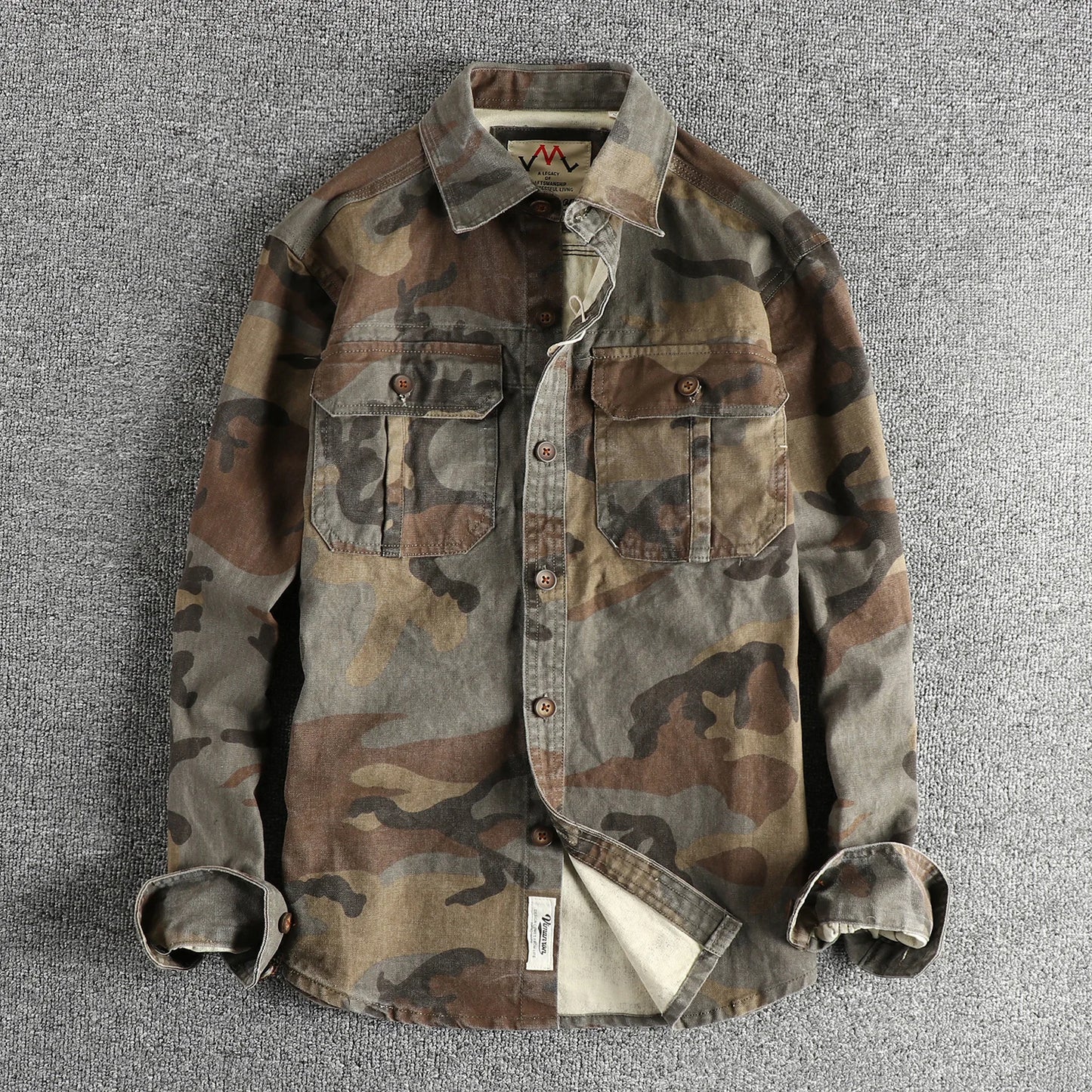 Vintage Khaki Camouflage Shirt Jacket For Men With Pocket Design
