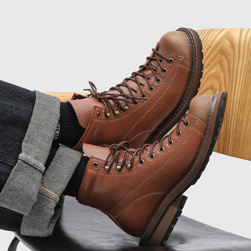Men's Vintage Leather Boots - High Top Work Shoes - British Style
