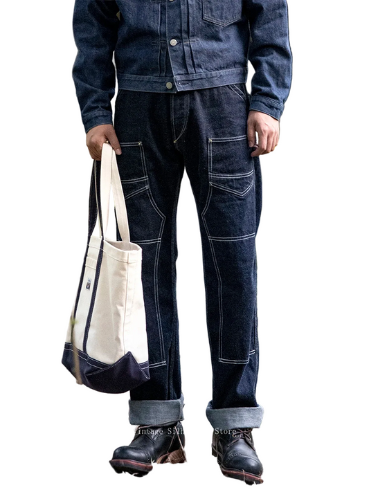 Derrickman Denim Work Pants - Double Knee Triple-Stitch Straight Jeans