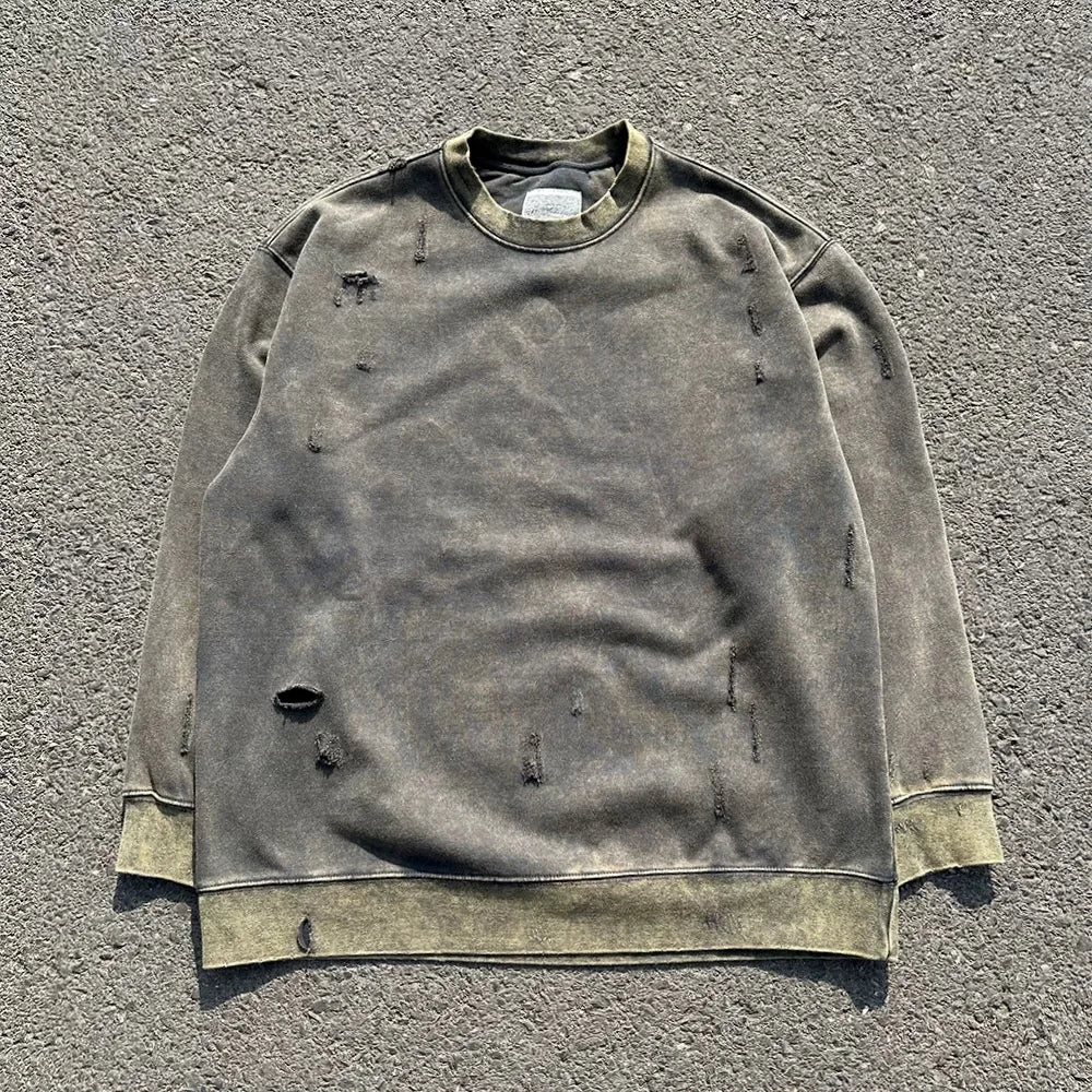 Vintage Punk Pullover Hoodie Ripped Hole Pure Cotton Washed Retro Sweatshirt