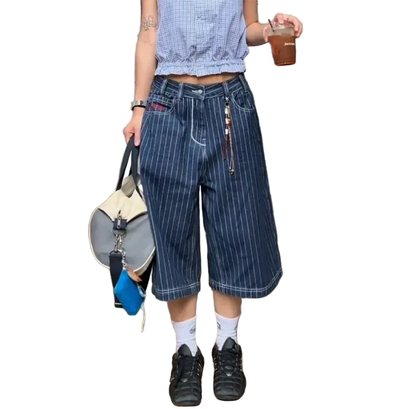 Women's Light Blue Japanese Wabash Calf Length Denim Jean Shorts