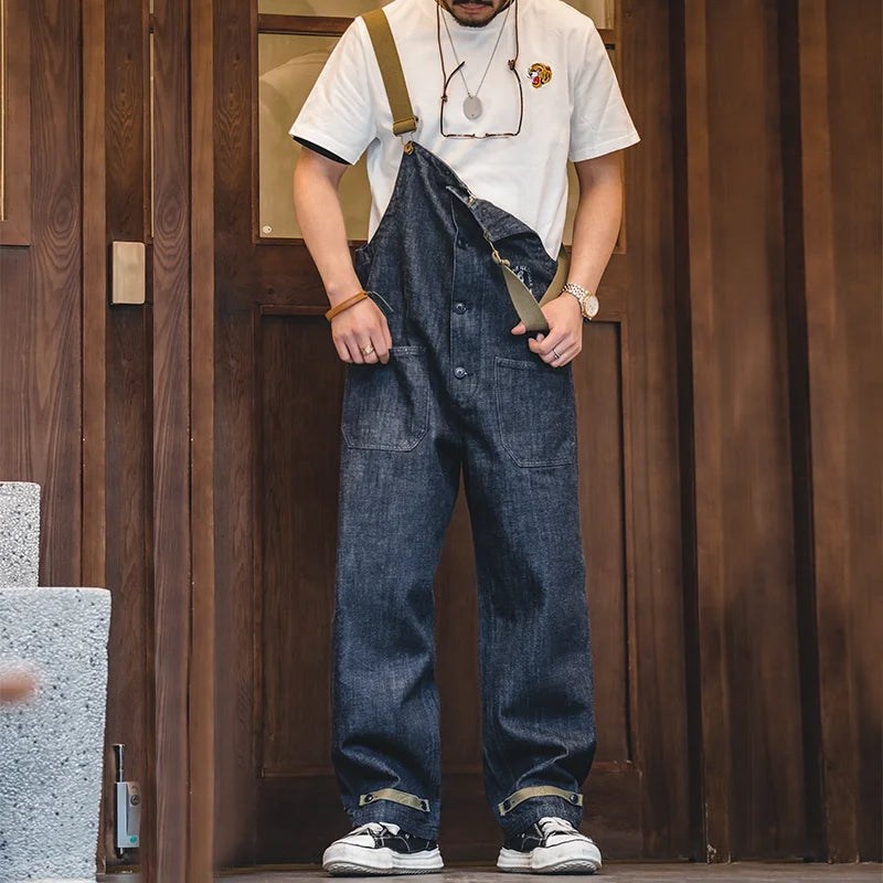 Men's Navy Blue Denim Overalls - Baggy Fit 100% Cotton Wide Leg