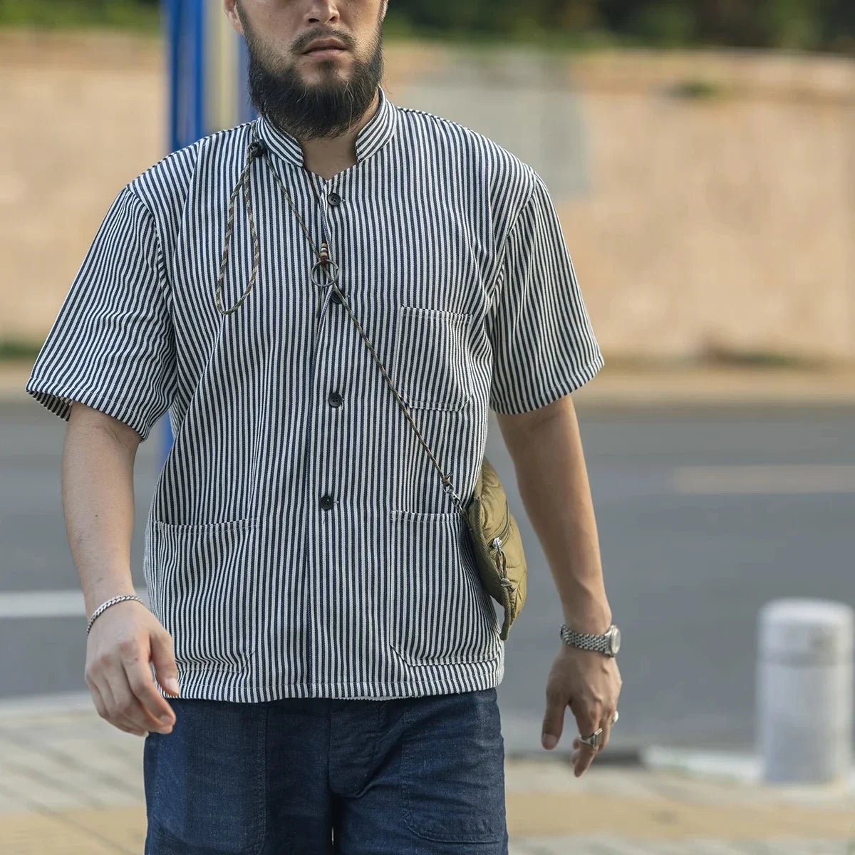 Rugged Hickory Stripe Short Sleeve Shirt Vintage Collarless Workshirt For Men