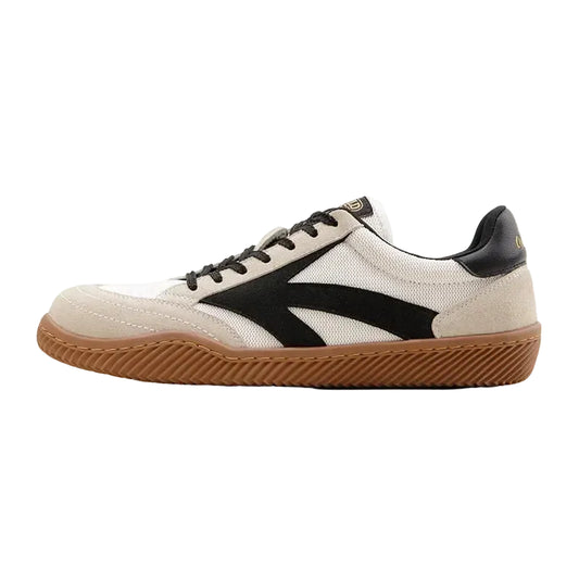 Cream suede and textile German trainers with black side stripe, gum sole, low-top lace-up