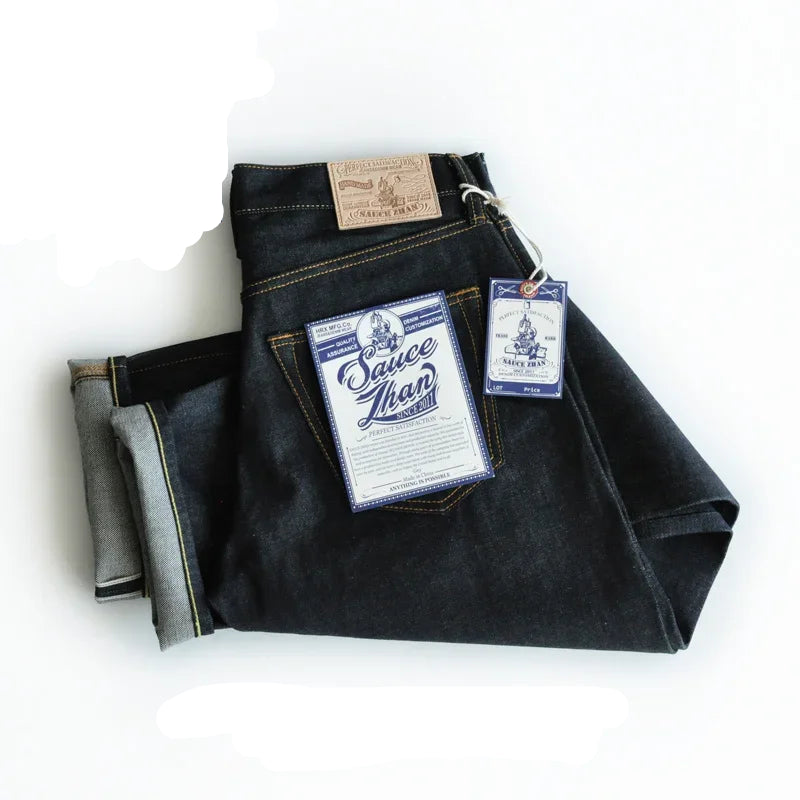 Casual Selvedge Raw Denim Jeans Unwashed Indigo Straight Fit Men's Jeans