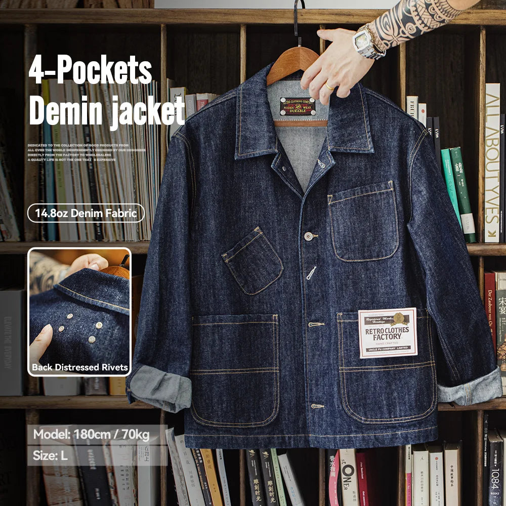 Asymmetrical Four-pocket 14oz Denim Jacket Lapel Single-breasted Jacket Navy Blue Cotton Work Coat