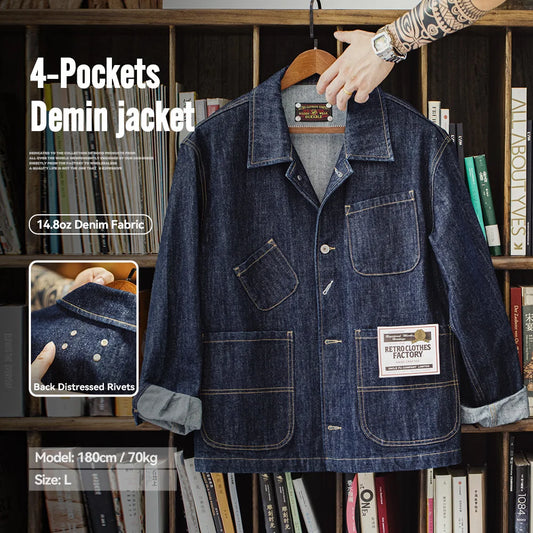 Asymmetrical Four-pocket 14oz Denim Jacket Lapel Single-breasted Jacket Navy Blue Cotton Work Coat