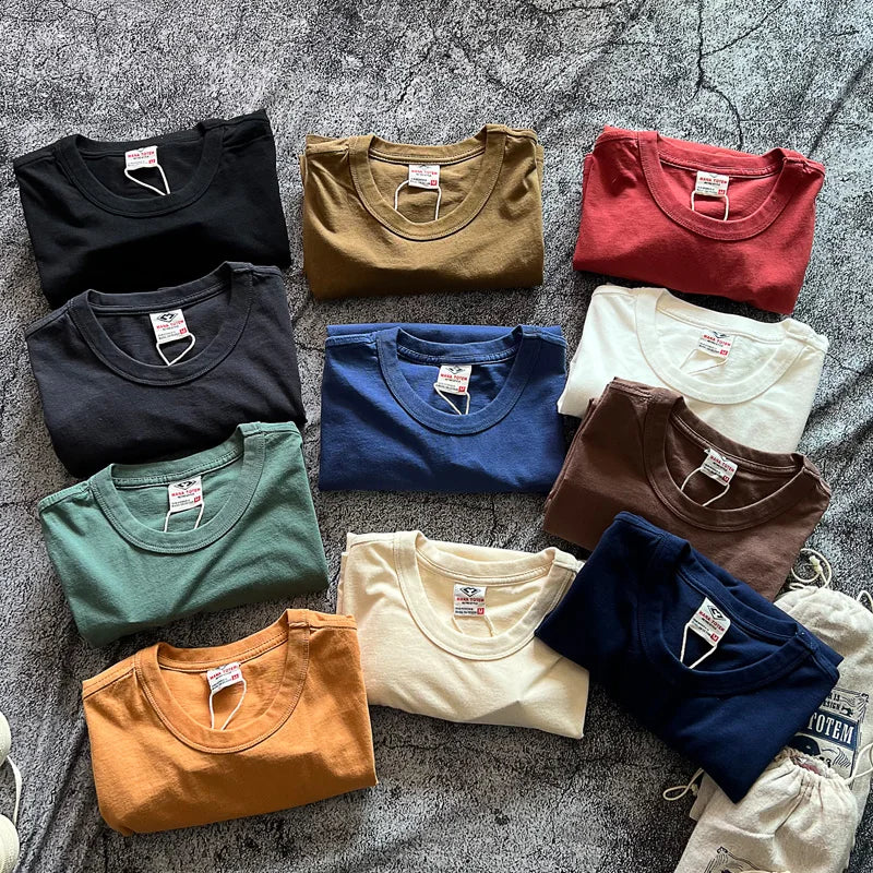 Tough Guy American Vintage Solid Color Round Neck Versatile Simple Basic Commuter 100% Cotton Short Sleeve T-Shirt for Men Tees Tops