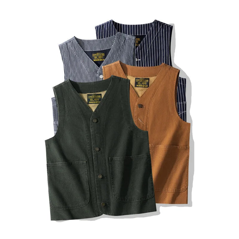 American Vintage 12oz Canvas WABASH Striped Vest Classic Pockets Arcuate Embroidery 100% Cotton Denim Workwear Paris Buckle Vest