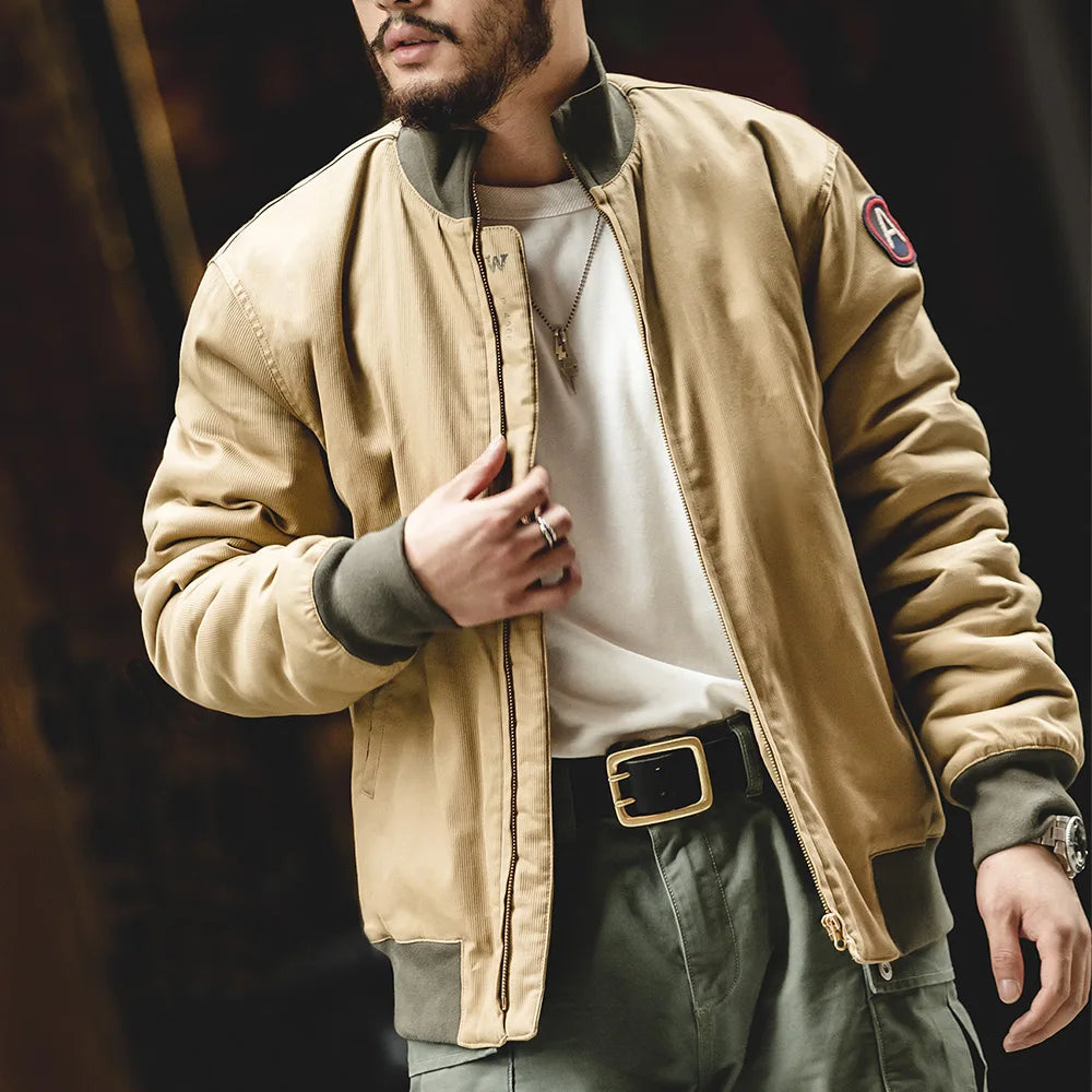 Men's Brown Flight Bomber Jacket Vintage Aviator Slim Fit Patches Stand Collar