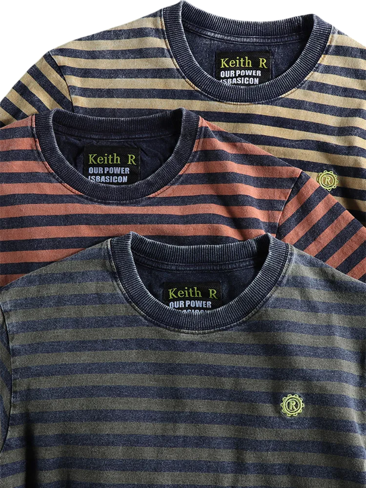 Japanese Retro Striped Cotton T Shirt For Men Slim Fit Round Neck Casual