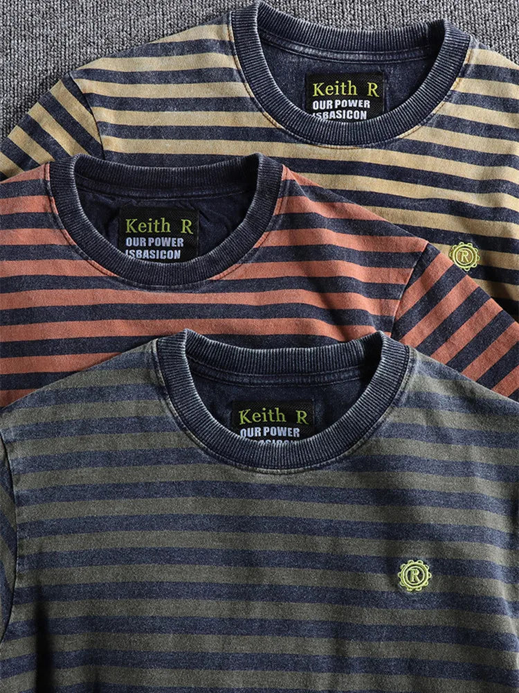 Japanese Retro Striped Cotton T Shirt For Men Slim Fit Round Neck Casual