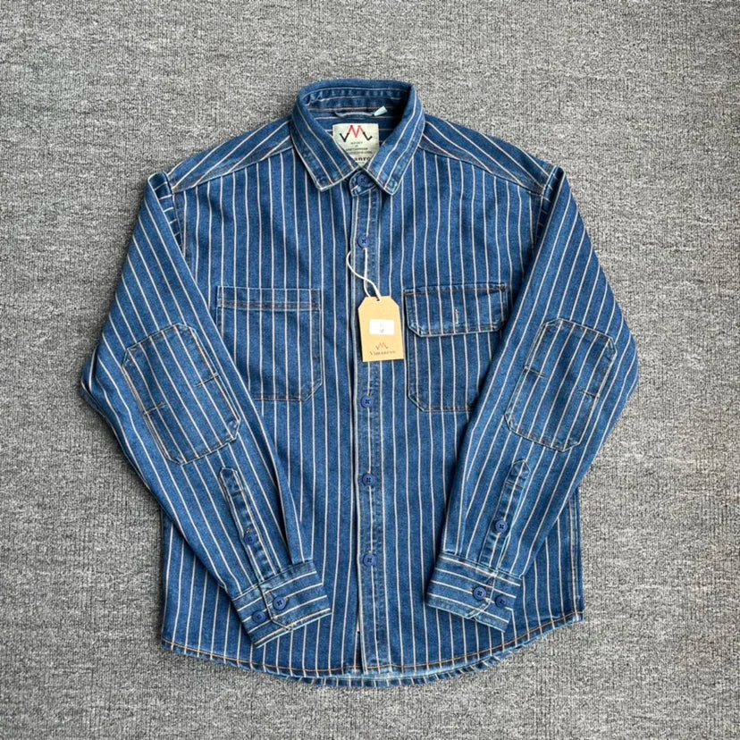 American Vintage Heavyweight Wabash Denim Cargo Striped Shirt for Men