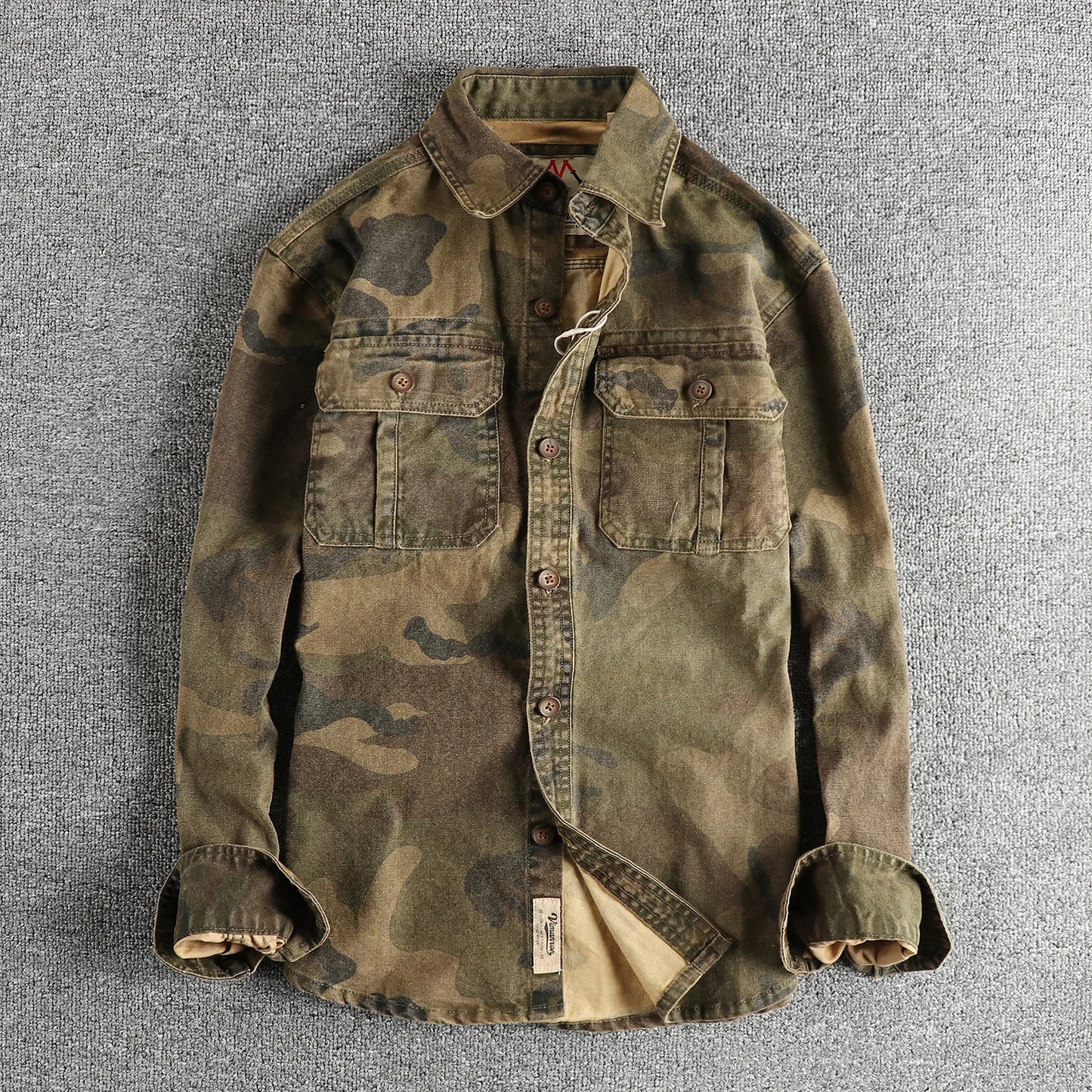 Vintage Khaki Camouflage Shirt Jacket For Men With Pocket Design