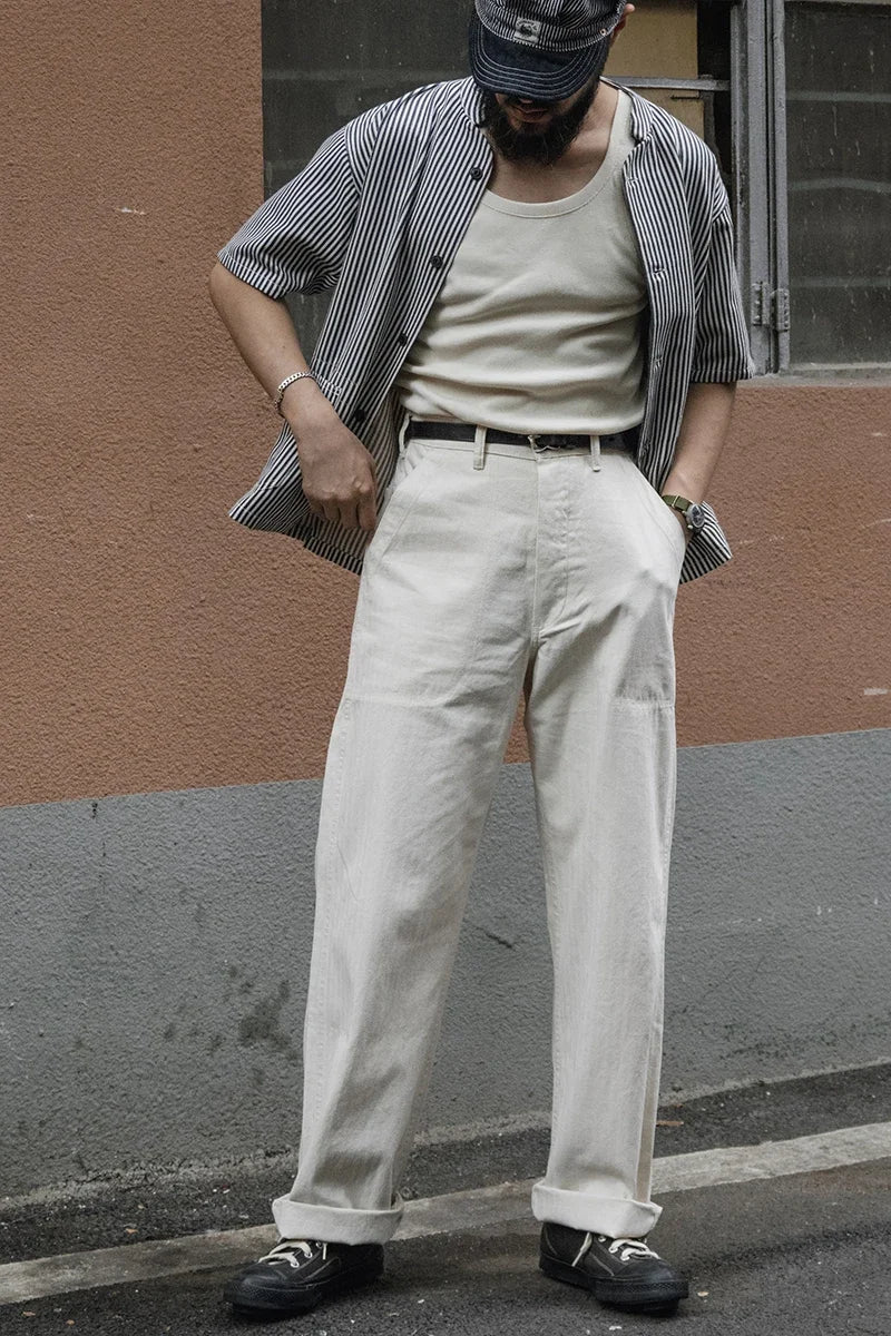 Rugged Hickory Stripe Short Sleeve Shirt Vintage Collarless Workshirt For Men