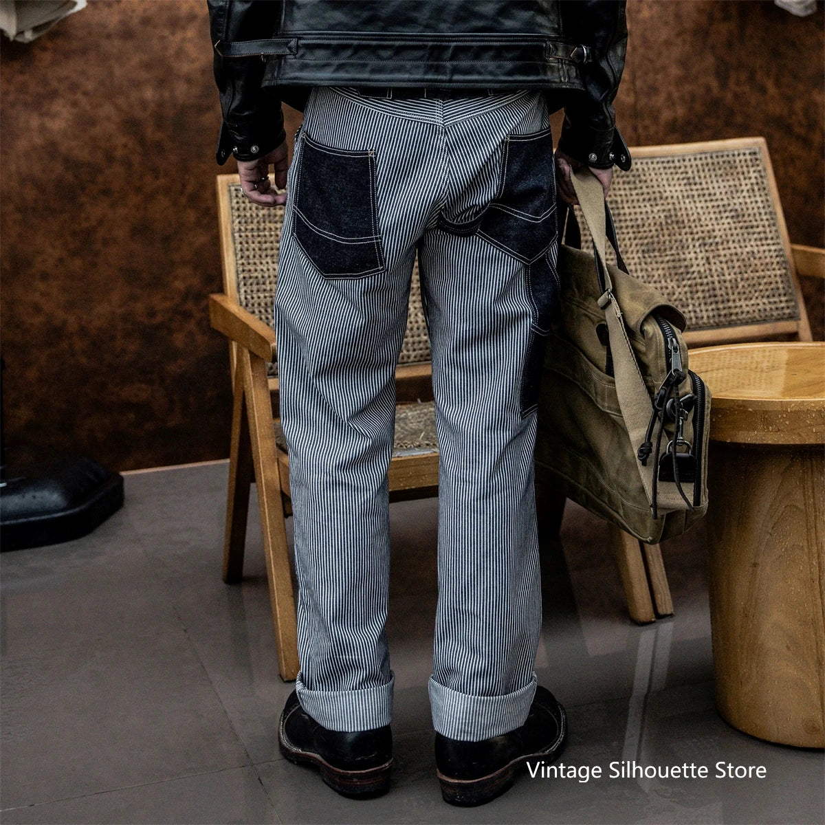 Hickory Stripes Derrickman Work Pants Denim Patchwork Men's Casual Trousers