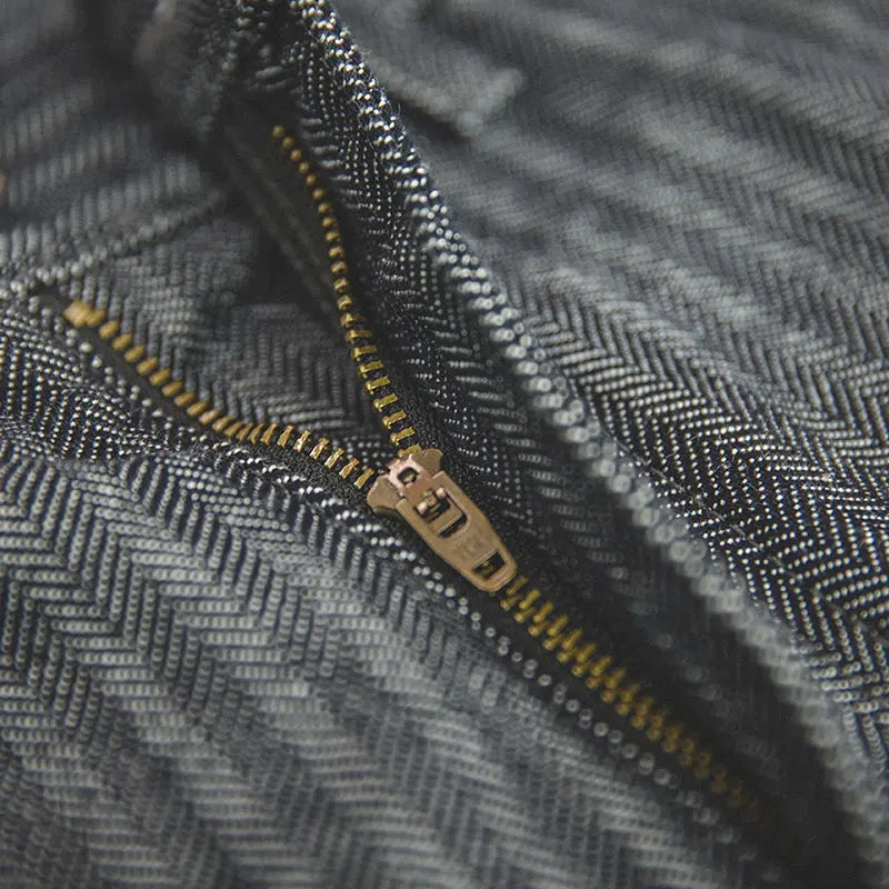 12.8oz Herringbone Grey Striped Denim Jeans Straight Fit