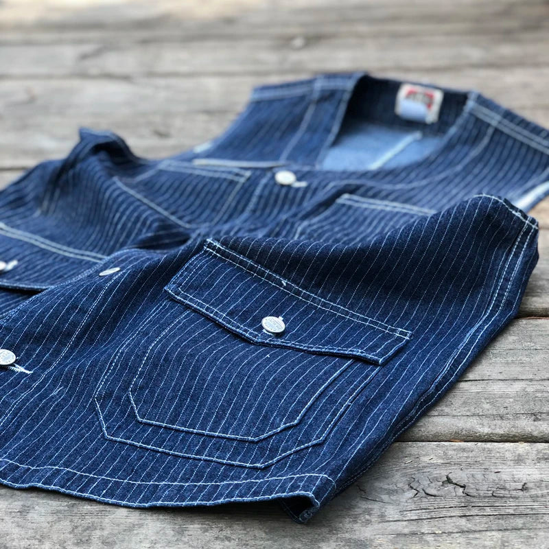 Buckle Back Retro Denim Vest Men's Multi Pockets Workwear Sleeveless Male Striped Blue