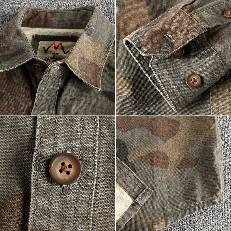 Vintage Khaki Camouflage Shirt Jacket For Men With Pocket Design