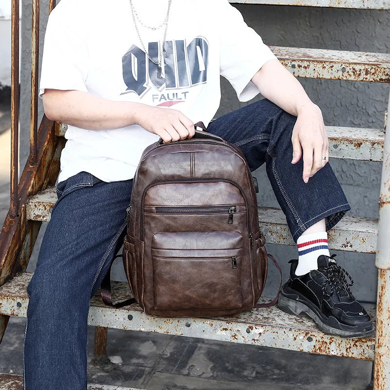 High Quality USB Charging Backpack for Men - Large Leather Laptop Backpack
