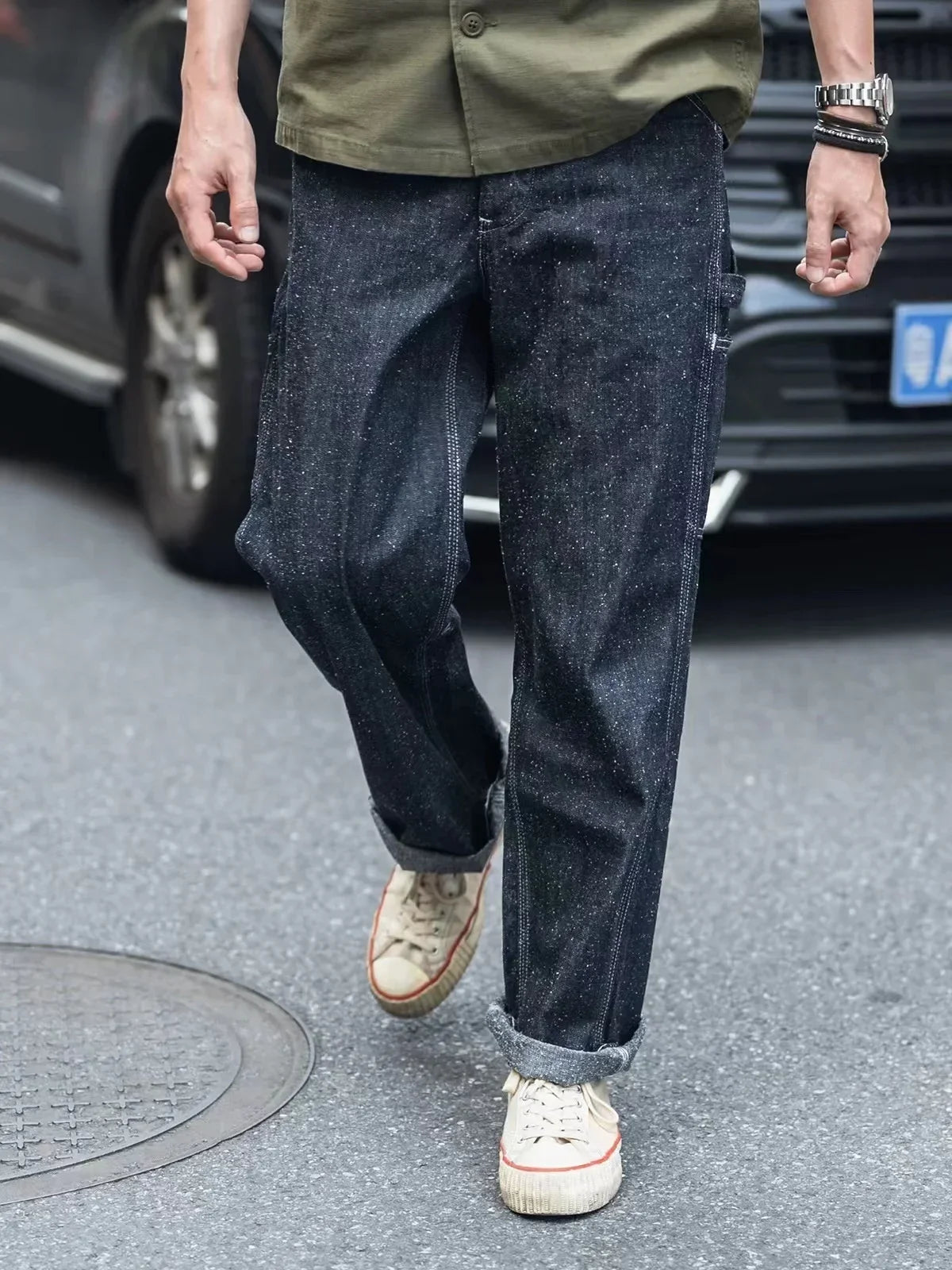 Non Stock Denim & Hickory Stripe Carpenter Pants Straight Leg Workwear Painter Trousers