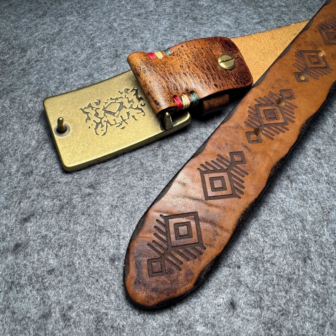Men's Vintage Genuine Leather Belt - Copper Horseshoe Buckle - Thick Cowhide