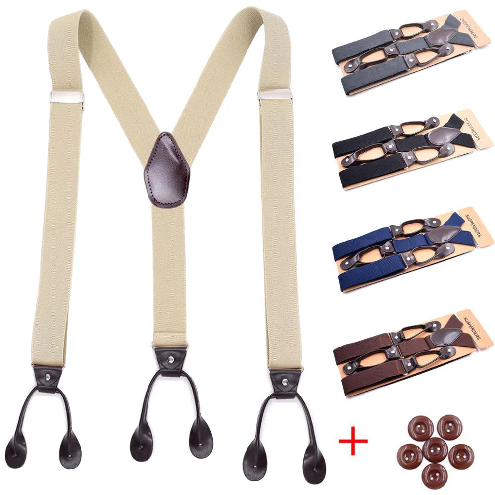Vintage Suspenders with Leather Trimmed Button Ends - Y Back Adjustable Elastic Trouser Braces Straps