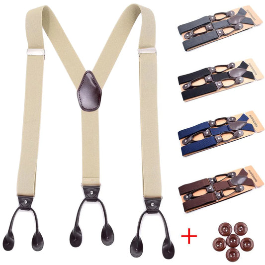 Vintage Suspenders with Leather Trimmed Button Ends - Y Back Adjustable Elastic Trouser Braces Straps