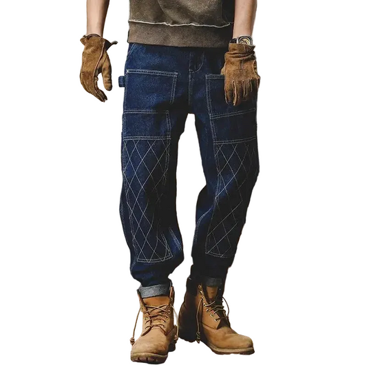 American Retro Work Jeans For Men Loose Fit Double Knee Denim Pants