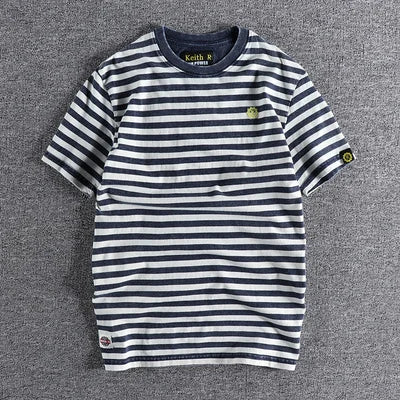 Japanese Retro Striped Cotton T Shirt For Men Slim Fit Round Neck Casual