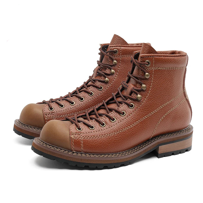 Men's Vintage Leather Boots - High Top Work Shoes - British Style - Non-slip Lace Up Platform Shoes