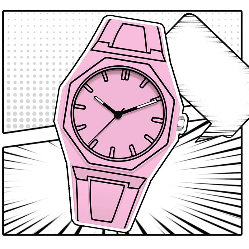 Pink Tape Comic Book Sketch Design Anime Cartoon Line Style Japanese Quartz Wristwatch