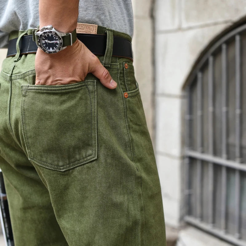 Men's Olive Green Selvedge Denim Jeans - Slim Fit 14 Oz