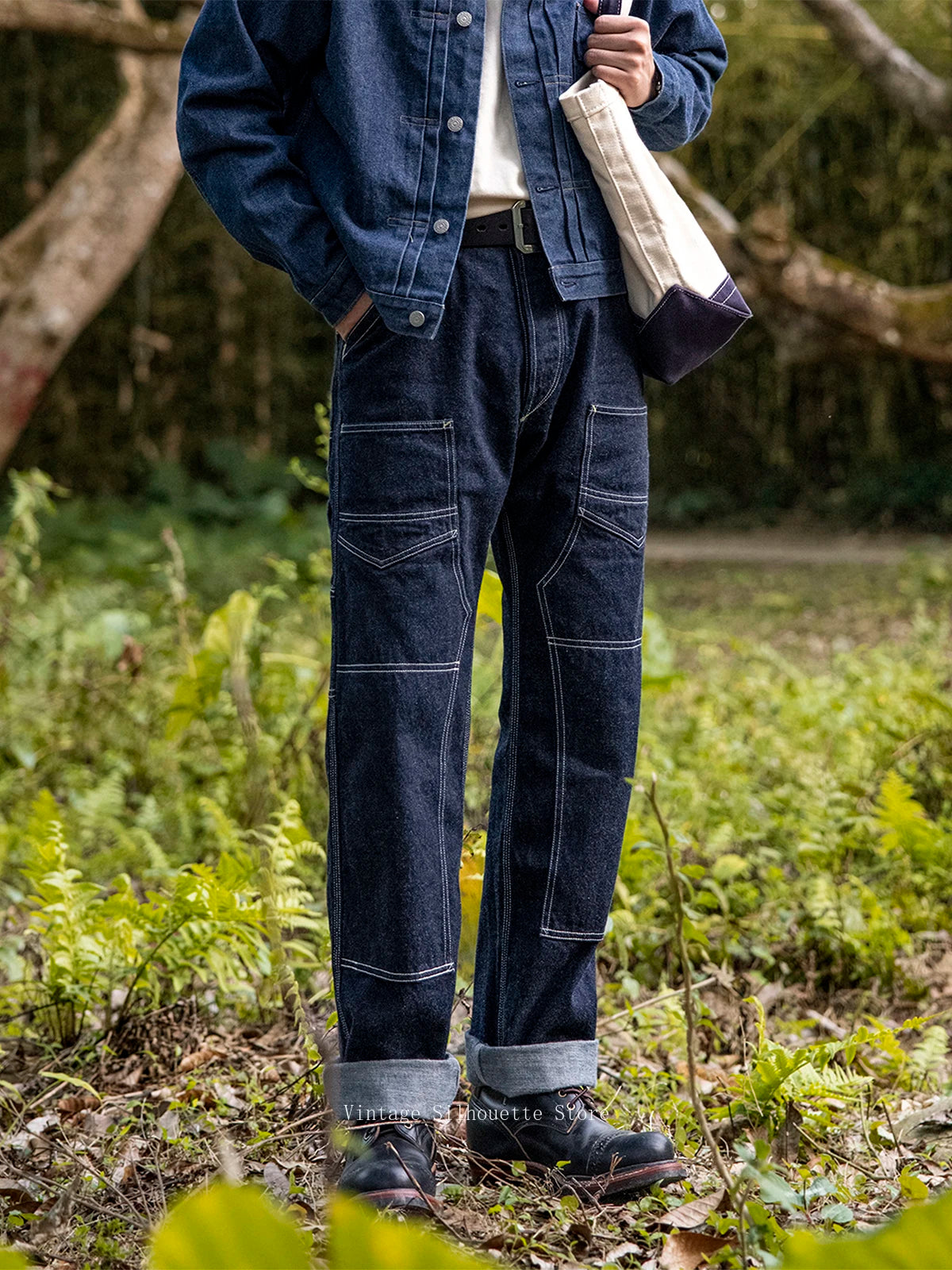 Derrickman Denim Work Pants Men's Double Knee Triple-Stitch Straight Jeans