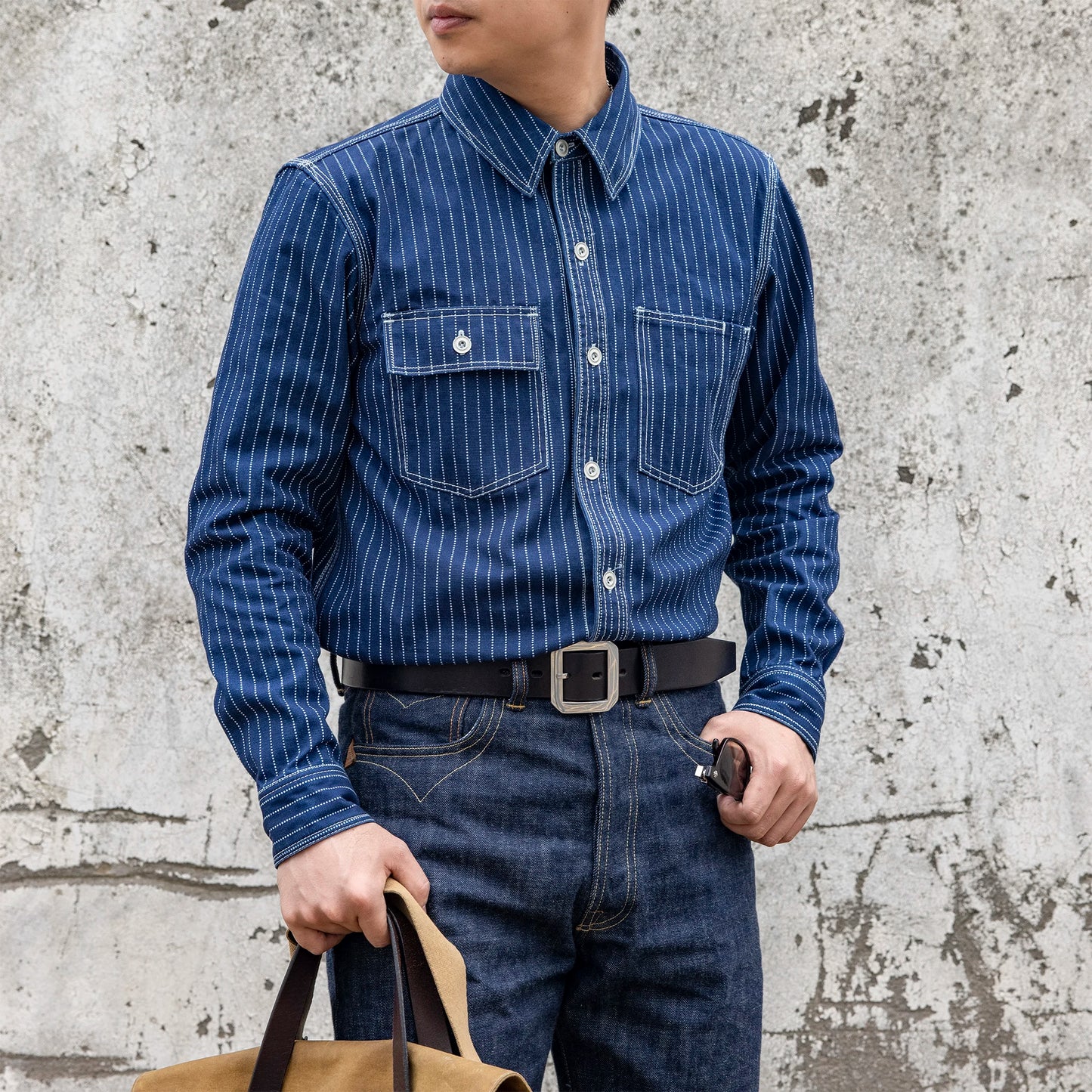 12oz Wabash Stripe Work Shirt Vintage Americana Style Men Casual Shirt