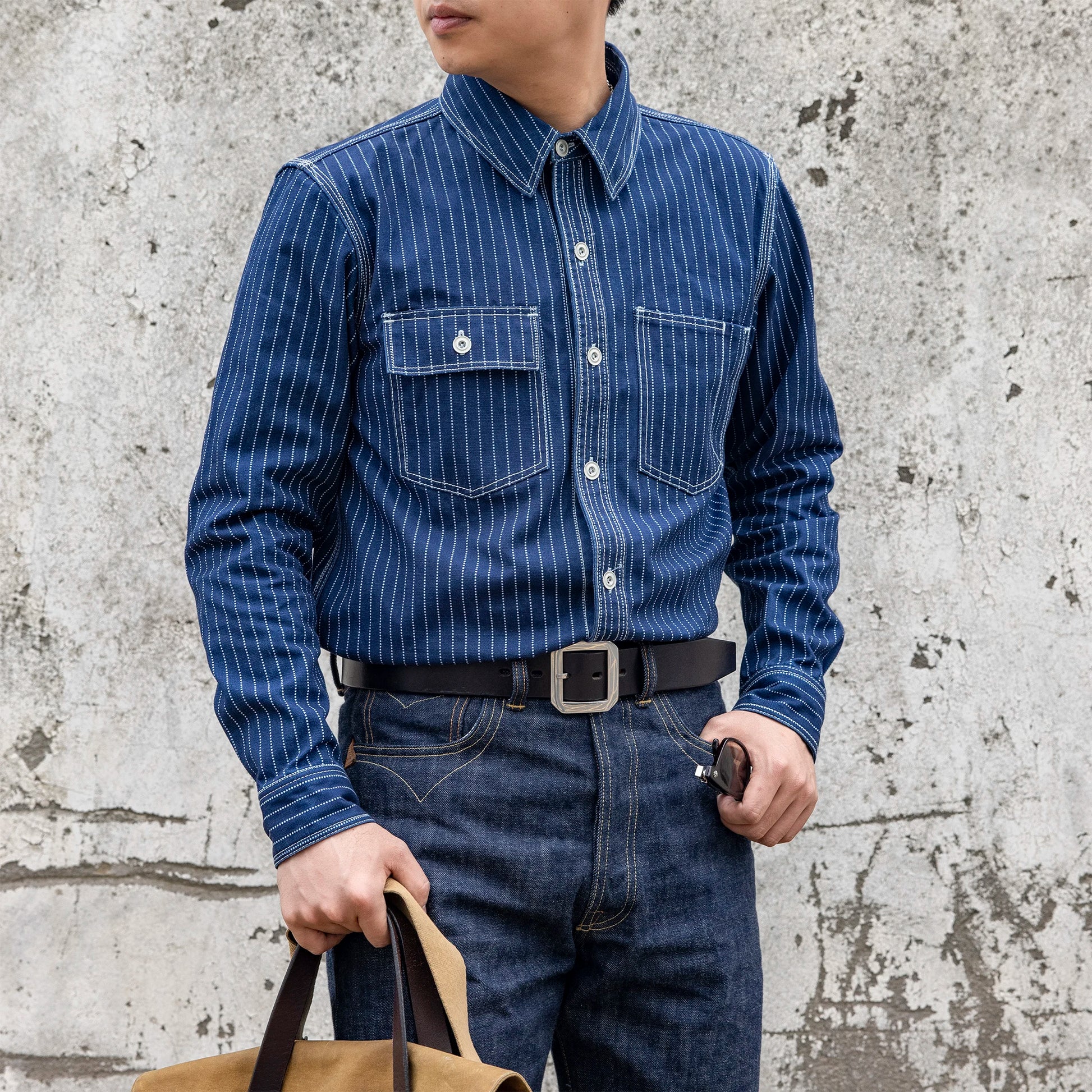 12oz Wabash Stripe Work Shirt Vintage Americana Style Men Casual Shirt