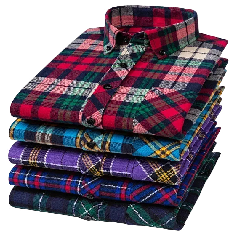 Thick Flannel Shirt Plaid Shirts Standard-Fit For Men Long Sleeve Pure Cotton Single Patch Pocket Design Young