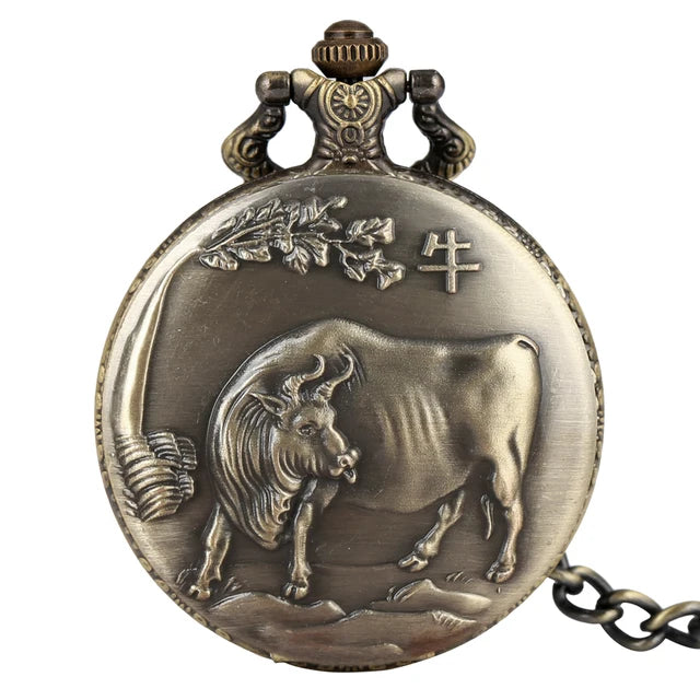 Bronze Chinese Zodiac Quartz Pocket Watch w/Chain