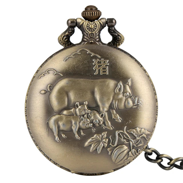 Bronze Chinese Zodiac Quartz Pocket Watch w/Chain