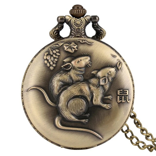 Bronze Chinese Zodiac Quartz Pocket Watch w/Chain