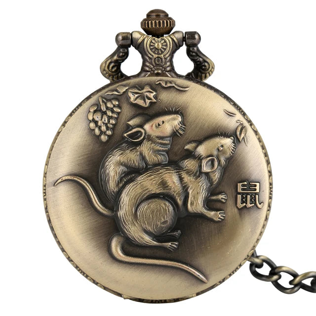 Bronze Chinese Zodiac Quartz Pocket Watch w/Chain